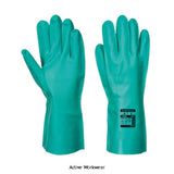Nitrosafe Chemical Resistant Nitrile Gauntlet Flock Lined (Pack of 12prs ) - A810 Hand Protection Active-Workwear Chemical resistant nitrile gauntlet with textured pattern for enhanced grip. Flock lined for added comfort. For use in the chemical oil and food industries.