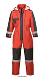 Red Padded waterproof Winter one piece overall Coverall boiler suit Winter- portwest S585 Boiler suits & Onepieces Active-Workwear Full waterproof protection and outstanding durability are key features of this winter padded coverall. The contemporary design is complemented by a high quality finish and close attention to detail throughout. Key features include: reflective tape for added visibility, reinforced knee patches for optimum strength, multiple pockets for storage and zipped ankles