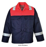 Blue Portwest Biz Flame Flame Retardant High Viz Plus Jacket - FR55 Fire Retardant Active-Workwear This jacket is constructed with high visibility reflective tape double stitched for enhanced visibility. Features include triple stitched seams, high visibility strips on shoulders and arms, concealed front brass zip, two front chest pockets with flap and stud closure. Adjustable sleeve opening.