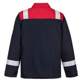 Navy Red Portwest Biz Flame Flame Retardant High Viz Plus Jacket - FR55 Fire Retardant Active-Workwear This jacket is constructed with high visibility reflective tape double stitched for enhanced visibility. Features include triple stitched seams, high visibility strips on shoulders and arms, concealed front brass zip, two front chest pockets with flap and stud closure. Adjustable sleeve opening.