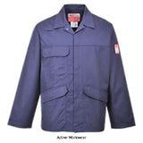 Navy Blue Portwest Bizflame Pro Welder Jacket Flame Retardant- FR35 Fire Retardant Active-Workwear The Bizflame Pro Weder Jacket provides comfort and outstanding protection. Functional features include a chest pocket with a concealed mobile phone section and a handy radio loop. 
