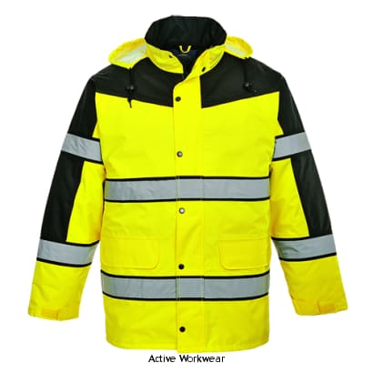 Yellow Portwest Classic Hi Viz Waterproof Two-Tone Jacket - S462 Hi Vis Jackets Active-Workwear This winning style combines a modern look with a quality finish. Designed to keep you warm and dry, this item provides maximum visibility and is suitable for all weather conditions. Features include a mobile phone pocket and fold away hood. Features cE certified Waterproof