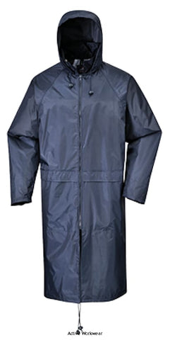 Portwest Classic Longer Length Budget Rain Coat - S438 Waterproofs Active-Workwear The Classic Rain Coat offers outstanding waterproof protection. Its longer length gives added coverage for the wearer. Features include generous pockets a packaway hood with eyelets and a back vent for ventilation. Lightweight, waterproof fabric with taped seams prevents water penetration Taped seams to provide additional protection