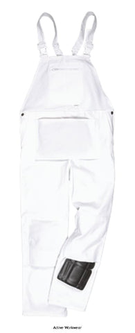 Portwest Cotton Bolton Painters/Decorators Whites Bib and Brace  - S810 Boilersuits & Onepieces Active-Workwear Made with 100% pre-shrunk cotton to provide good protection against paint spills. Features of this functional garment include a bib pocket with zip, one large front pouch pocket, knee pad, hip and rule pockets, elasticated back section and plastic non-corrosive buckles.