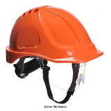 Portwest Endurance Plus Ratchet Safety Helmet with Visor and chin strap -PW54 Head Protection Active-Workwear ABS shell helmet, textile comfort harness 6 points, wheel ratchet adjustment, adjustable size 56-63 cm. Sweat band and chin strap included . Sold with retractable clear visor PW56 included. Spare parts available. Features CE-CAT III Electrical insulation up to 1000Vac or 1500Vdc (EN 50365) Protection against Molten Metal Lateral deformation Anti-scratch coating for added durability