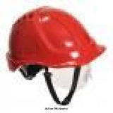 Red Portwest Endurance Plus Ratchet Safety Helmet with Visor and chin strap -PW54 Head Protection Active-Workwear ABS shell helmet, textile comfort harness 6 points, wheel ratchet adjustment, adjustable size 56-63 cm. Sweat band and chin strap included . Sold with retractable clear visor PW56 included. Spare parts available. Features CE-CAT III Electrical insulation up to 1000Vac or 1500Vdc (EN 50365) 