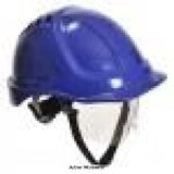 Blue Portwest Endurance Plus Ratchet Safety Helmet with Visor and chin strap -PW54 Head Protection Active-Workwear ABS shell helmet, textile comfort harness 6 points, wheel ratchet adjustment, adjustable size 56-63 cm. Sweat band and chin strap included . Sold with retractable clear visor PW56 included. Spare parts available. Features CE-CAT III Electrical insulation up to 1000Vac or 1500Vdc (EN 50365) 