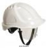 White Portwest safety helmet with black visor, chin strap, and ratchet adjustment - PW54