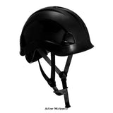 Black Portwest Height Endurance 4 point Chin Strap Ratchet Safety Helmet - PS53 Head Protection Active-Workwear Designed to be specially used when working at heights. Light and comfortable, this peak-less helmet is compact featuring an ABS shell, textile comfort harness 6 points and wheel ratchet adjustment, size 52-63cm. Improved technical sweat band and 4 points chin strap (Y style) with soft rubber chin protector included.