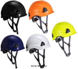 Portwest Height Endurance 4 point Chin Strap Ratchet Safety Helmet - PS53 Head Protection Active-Workwear - Designed to be specially used when working at heights. Light and comfortable, this peak-less helmet is compact featuring an ABS shell, textile comfort harness 6 points and wheel ratchet adjustment, size 52-63cm. Improved technical sweat band and 4 points chin strap (Y style) with soft rubber chin protector included.