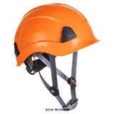 Orange Portwest Height Endurance 4 point Chin Strap Ratchet Safety Helmet - PS53 Head Protection Active-Workwear Designed to be specially used when working at heights. Light and comfortable, this peak-less helmet is compact featuring an ABS shell, textile comfort harness 6 points and wheel ratchet adjustment, size 52-63cm. Improved technical sweat band and 4 points chin strap (Y style) with soft rubber chin protector included.