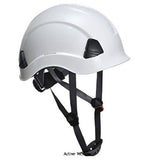 white Portwest Height Endurance 4 point Chin Strap Ratchet Safety Helmet - PS53 Head Protection Active-Workwear - Designed to be specially used when working at heights. Light and comfortable, this peak-less helmet is compact featuring an ABS shell, textile comfort harness 6 points and wheel ratchet adjustment, size 52-63cm. Improved technical sweat band and 4 points chin strap (Y style) with soft rubber chin protector included.