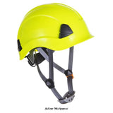 Yellow Portwest Height Endurance 4 point Chin Strap Ratchet Safety Helmet - PS53 Head Protection Active-Workwear Designed to be specially used when working at heights. Light and comfortable, this peak-less helmet is compact featuring an ABS shell, textile comfort harness 6 points and wheel ratchet adjustment, size 52-63cm. Improved technical sweat band and 4 points chin strap (Y style) with soft rubber chin protector included.