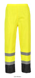 Yellow Black Portwest Hi Vis Classic Waterproof Contrast Trouser H444 Hi Vis Waterproofs Active-Workwear Lightweight and practical, these stylish Portwest Contrast trousers provide comfort and protection against adverse weather conditions. Features include waist elastication for comfort and ease of movement, stud adjustable hems for a secure fit and taped seams for full protection against wind and rain. Features CE certified Taped seams to provide additional protection Reflective tape