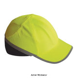 Yellow Portwest Hi Vis Long Peak Bump Cap Safety Baseball Cap-PW79 Head Protection Portwest Active-Workwear Modern style bump cap in Hi-Visibility colours. Mesh panel on the back which, together with the ventilation holes on the internal shell, help cooling comfort. Hook and loop adjustable size. CE certified long peak (7cm) for maximum protection against shock and light Hi-Visibility colour for visibility in daylight