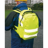 Yellow Portwest Hi-Vis Rucksack (25L) Ideal for Cyclists/commuters Railway B905 Accessories Belts Kneepads etc Active-Workwear Ideal for workers, cyclists or school children who use highly reflective accessories to make them more visible to motorists. Comes complete with an integrated MP3/mobile phone pocket, multiple pockets and padded back panel for comfort.
