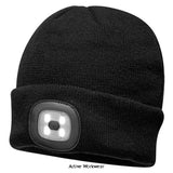 Black Portwest Light Up Beanie Rechargeable LED Beanie Hat - B029 Accessories Belts Kneepads etc Active-Workwear| This warm and comfortable acrylic beanie hat features a removable LED front light for superior visibility in low light conditions. The rechargeable LED can be charged in a USB port. CE certified Run time 2/4 Hours Brightness 150 Lumens Function High-Medium-Flash Beam Distance 10m (high), 5m (medium)