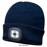 Blue Portwest Light Up Beanie Rechargeable LED Beanie Hat - B029 Accessories Belts Kneepads etc Active-Workwear| This warm and comfortable acrylic beanie hat features a removable LED front light for superior visibility in low light conditions. The rechargeable LED can be charged in a USB port. CE certified Run time 2/4 Hours Brightness 150 Lumens Function High-Medium-Flash Beam Distance 10m (high), 5m (medium)