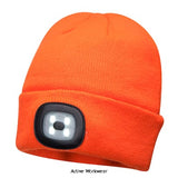 Orange Portwest Light Up Beanie Rechargeable LED Beanie Hat - B029 Accessories Belts Kneepads etc Active-Workwear| This warm and comfortable acrylic beanie hat features a removable LED front light for superior visibility in low light conditions. The rechargeable LED can be charged in a USB port. CE certified Run time 2/4 Hours Brightness 150 Lumens Function High-Medium-Flash Beam Distance 10m (high), 5m (medium)