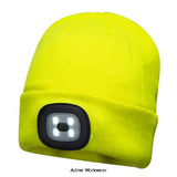 Yellow Portwest Light Up Beanie Rechargeable LED Beanie Hat - B029 Accessories Belts Kneepads etc Active-Workwear| This warm and comfortable acrylic beanie hat features a removable LED front light for superior visibility in low light conditions. The rechargeable LED can be charged in a USB port. CE certified Run time 2/4 Hours Brightness 150 Lumens Function High-Medium-Flash Beam Distance 10m (high), 5m (medium)