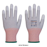 Portwest LR13 ESD PU Fingertip Cut Glove - 12 pack-A696 Workwear Gloves PortWest Active Workwear Level B cut resistant glove for protection against cuts and sharp objects. 13g polyester and carbon fibre shell which diverts static electricity. A reinforced thumb crotch for added durability. PU coated fingertips for ultimate dexterity. Ideal for use in automotive, electronics assembly, testing and precision work. Suitable for use with most touchscreen devices.