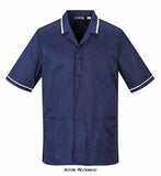 Navy Blue Portwest Mens Health care work Tunic - C820 Catering & Hospitality Active-Workwear  The Portwest healthcare tunic is made from high quality Kingsmill fabric. Features include tipped collar edge with concealed zip front, a chest scissor pocket and two lower patch pockets. The polyester cotton mix fabric will maintain its fresh look wash after wash. Features Hard wearing durable twill fabric with excellent dye retention 