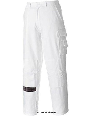 White Portwest Painters Cotton kneepad Trousers Painting Decorators Whites- S817 Trousers Active-Workwear  Featuring the latest innovative design, this modern cotton painterâ€™s trouser has a layered thigh pocket for mobile phone and pens. Incorporating side, knee pad, hip and rule pockets, it covers every need of a craftsman and is completed by an elasticated waist for comfort. Premium non shrinking cotton workwear fabric