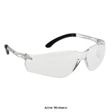 Polycarbonate Pan View Safety Glasses Spectacle Portwest (Pack of 12 Pairs)  PW38 Eye Protection Portwest Active-Workwear Single panoramic lens glasses, Lightweight wrap-around design, One piece curved lens with moulded nose-bridge, Slim side arms for optimum comfort when working with ear defenders, Stylish dual colour side arms