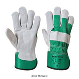 Green Portwest Premium Chrome Rigger Glove (pack of 12) - A220 Hand Protection Active-Workwear  Premium quality split leather chrome rigger with red cotton drill back and knuckle protection. Rubberised safety cuff and integral vein patch. For use in construction mining landscaping etc. 