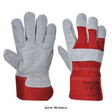 Red Portwest Premium Chrome Rigger Glove (pack of 12) - A220 Hand Protection Active-Workwear  Premium quality split leather chrome rigger with red cotton drill back and knuckle protection. Rubberised safety cuff and integral vein patch. For use in construction mining landscaping etc. 