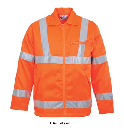 Portwest Rail Hi Vis Polycotton Work Jacket RIS 3279 - RT40 Hi Vis Jackets Active-Workwear Whether on the railway track or the roadside, the RT40 jacket is perfect for outdoor work when high visibility protection is a must. Classically styled and extremely durable, it is certified to EN ISO 20471 Class 3 and RIS 3279, providing the highest level of safety available. This is not padded or waterproof it is a just a rail spec work jacket
