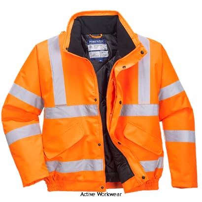 Portwest Rail Hi Vis Waterproof Bomber Jacket RIS 3279 - RT32 Hi Vis Jackets Active-Workwear Completely padded and lined, the Portwest Workwear RT32 Rail Spec Hi Viz bomber Jacket offers great freedom of movement and is combined with all our usual safety and weatherproofing functions.. Fully certified to RIS 3279 for use on railways or similar environments. CE certified Waterproof with taped seams preventing water penetration Reflective tape for increased visibility
