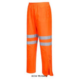 Portwest Rail Hi-Vis Waterproof Traffic Trousers waterproof with taped seams preventing water penetration Reflective tape for increased visibility Quick and easy side access Fully elasticated waistband for ultimate wearer comfort, Zipped ankles for easy fitting over work boots 