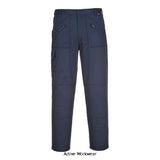 Navy Portwest Stretch Action Work Trouser sizes 28-48 -S905 Trousers PortWest Active Workwear Based on one of our best sellers, the Stretch Action Trouser is made from a premium poly-cotton/elastane fabric blend for ultimate comfort and freedom of movement. Clever features include a side elasticated waistband, multiple zip pockets, reinforced fabric at seat and knee areas with the added option of accommodating knee pads. A reinvention of a true market leader.