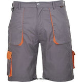 Grey Portwest Texo Contrast Elasticated waist men's Work Shorts- TX14 Workwear Shorts & Pirate Trousers Active-Workwear The TX14 work shorts combine function and style. Waist elastic provides comfort and ease of movement. Features High cotton content for superior comfort Non shrinking to ensure that this style maintains its shape wash after wash 50+ UPF rated fabric to block 98% of UV rays 7 pockets for ample storage
