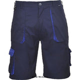 Navy Royal Portwest Texo Contrast Elasticated waist men's Work Shorts- TX14 Workwear Shorts & Pirate Trousers Active-Workwear The TX14 work shorts combine function and style. Waist elastic provides comfort and ease of movement. Features High cotton content for superior comfort Non shrinking to ensure that this style maintains its shape wash after wash 50+ UPF rated fabric to block 98% of UV rays 7 pockets for ample storage
