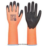 Portwest Vis-Tex Cut Level D Handling Glove with Long Cuff-A631 Workwear Gloves PortWest Active Workwear Cut level D glove with PU dipping for high abrasion resistance, the HPPE & Glass Fibre liner also achieves a level 1 for contact heat. Flexible hiâ€“vis lining for optimum protection and comfort. Extended 10cm cuff adds additional protection to the wrist and forearm area.