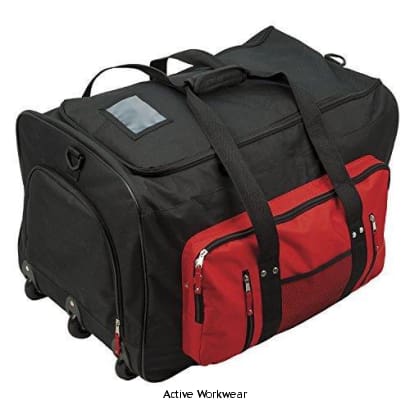 Portwest Water Resistant Multi Pocket Trolley Kit Bag-Tool Bag 100L - B907 Bags Active-Workwear The B907 A practical and hardwearing kit bag, innovatively designed to provide a variety of uses, whilst maintaining ease of transport. Water resistant fabric, Sturdy inline wheel system, Telescopic handle, Multiple side zip compartments for secure storage, Padded double straps for added support