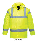 Yellow Portwest Waterproof Hi-Vis Traffic Jacket - S460 Hi Vis Jackets Active-Workwear this fully certified Hi Viz waterproof jacket is a popular option across many industries. Hard-wearing functional and packed full of features including a drawstring hood studded storm flap and multiple storage pockets.