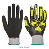 Portwest Waterproof HR Cut Level D Impact Glove Touchscreen Compatible -AP55 Workwear Gloves PortWest Active Workwear Innovative TPR design combined with a level D cut liner makes for an impact glove with exceptional dexterity, comfort and protection. The TPR pods are bonded directly on to the glove instead of traditional machine stitching which allows the glove to move freely with the hand. Fully dipped nitrile coating offers a secure grip and an exceptional barrier . Works with most touchscreen devices.