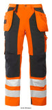 Orange Black Projob 6506 Hi Vis holster pocket mens trousers - 646506 Trousers Projob Active-Workwear Waistpants with holster pockets that can be tucked into side pockets on both sides, one with extra pockets and one with loops for tools. Double fabric over thighs for increased durability. Leg pockets, on left side pocket with flap and press-stud closure, internal phone pocket and bracket for ID-card