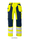 Projob 6506 Hi Vis holster pocket mens trousers - 646506 Waistpants with holster pockets that can be tucked into side pockets on both sides, one with extra pockets and one with loops for tools. Double fabric over thighs for increased durability. Leg pockets, on left side pocket with flap and press-stud closure, 