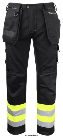 Projob 6524 Stretch Waist pants Extreme detachable holster pockets -646524 Trousers Projob Active-Workwear Hi Viz Waistpants with ergonomic padded yoke at back for optimal comfort. Stretch fabric in crotch for increased comfort. Detachable holster pockets fastened with hidden rails invented by ProJob, with extra compartments and internal Cordura reinforcement. Leg pockets, on left side pocket with flap and press-stud closure, internal phone pocket and bracket for ID-card. 
