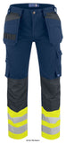 Projob 6530 Men's Hi Vis Cotton Trousers Holster Pocket Waistpants Class 1-646530 Trousers Projob Active-Workwear  Flat front work pants made of durable lightweight cotton. Holster pockets with extra compartment and extra zipped pocket. Back pockets with flap and Velcro closure. Leg pockets with extra compartment, flap and Velcro closure.