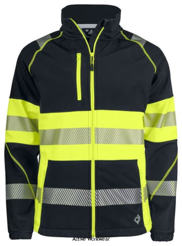 Projob Hi Vis 6443 Softshell Jacket 20471 Class 1-646443 Workwear Jackets & Fleeces Projob Active-Workwear Softshell jacket with great breathability. Full zip at front with internal wind flap and zip guard for chin protection. Side pockets with zipper, also one breast pocket on the right side with internal bracket for fastening ID-card. Inner pockets. Cut transfer reflectors for increased flexibility. Adjustable waist with drawstring.