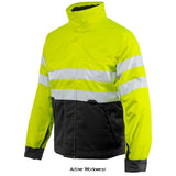 Yellow Black Projob Hi Vis Padded Work Jacket with Zipped Collar Class 3 - 646407 Hi Vis Jackets Active-Workwear  Padded jacket with zipper up to collar. Front zipper closure with press studs. Two breast pockets, one with loop. Two deep side pockets with zippers. Inner pocket with zipper. Adjustable