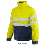 Yellow Navy Projob Hi Vis Padded Work Jacket with Zipped Collar Class 3 - 646407 Hi Vis Jackets Active-Workwear  Padded jacket with zipper up to collar. Front zipper closure with press studs. Two breast pockets, one with loop. Two deep side pockets with zippers. Inner pocket with zipper. Adjustable