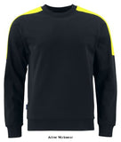Projob cotton sweatshirt fluorescent fabric over shoulders. Rib-knitted hem and cuffs.high visibility cotton sweatshirt
