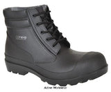 Black Vegan PVC Waterproof Safety Boot S5 Steel Toe and Midsole Vegan Friendly Portwest FW45 Boots Active-Workwear The S5 PVC lace up welly boot is fully waterproof and lightweight. Clever features include a slip resistant and oil resistant outsole and a bellows tongue to provide ultimate protection in harsh climates CE certified Protective steel toecap Steel midsole Anti-static footwear Energy Absorbing Seat Region 100% Waterproof 