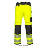 Yellow PW3 Hi Vis Class 2 Stretch Work Trousers RIS 3279 Portwest PW303 Trousers Portwest Active-Workwear innovative hi-vis lightweight stretch trouser using high performing two-way stretch fabric to give maximum range of movement when working. Clever features include flexible HiVisTex Pro segmented reflective tape, top loading kneepad pockets and an easy access multi-way thigh pocket for secure storage of phone,